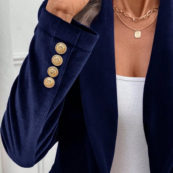 Navy Blue Elegant Women's Velvet Blazer - Picture 7 of 8